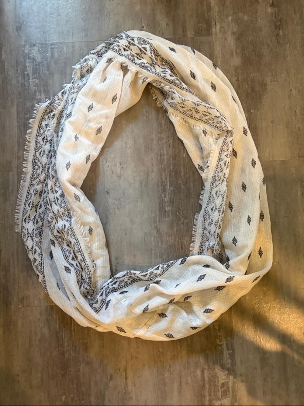 Maurices Cream Infinity Scarf with Black Geometric Motif